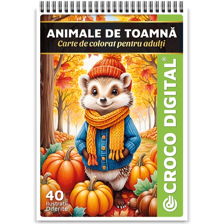 Carte de colorat antistres pentru adulti, Animale de Toamna, 40 Ilustratii unice, 86 pagini, 2025, Croco Digital