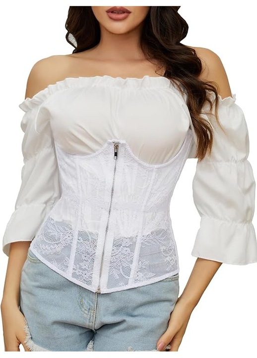 Corset steampunk dama, dantela florala, alb, marime L, SLIMBELLE