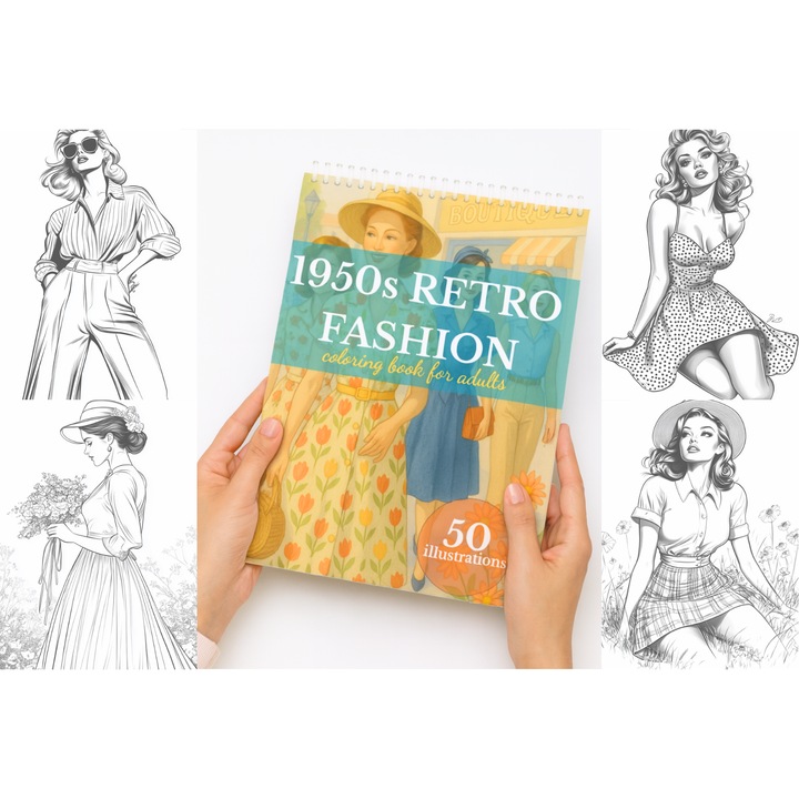 Carte de Colorat A4 cu Pagini Groase OBRO® – Relaxare si Antistres, Schite de Moda Vintage, 50 Ilustratii