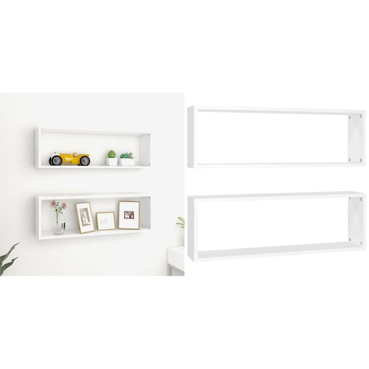 Set 2 Rafturi de perete cub, alb, 80x15x26,5cm, lemn compozit