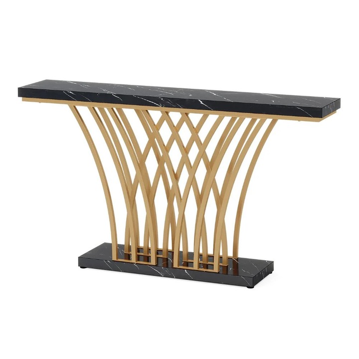 Masă consolă modernă, negru și auriu, 150x80x30cm