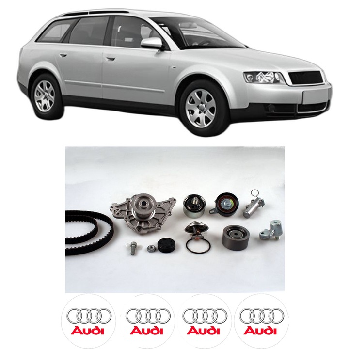 Set Kit de distributie curea intinzator pompa de apa AUDI A4 B6 Avant (8E5) 2.5 TDI din 2001-2002, KW 114 CP 155 CMC 2496, Auto, HEPU, 4x Stickere auto cu AUDI