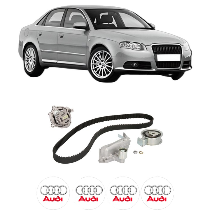 Set Kit de distributie curea intinzator pompa de apa AUDI A4 B7 (8EC) 2.0 din 2004-2008, KW 96 CP 130 CMC 1984, Auto, HEPU, 4x Stickere auto cu AUDI