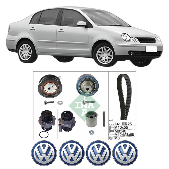 Set Kit de distributie curea intinzator pompa de apa Volkswagen POLO IV Saloon (9A4, 9A2, 9N2, 9A6) 1.9 SDI din 2002-2012, KW 47 CP 64 CMC 1896, Auto, INA, 4x Stickere auto cu Volkswagen