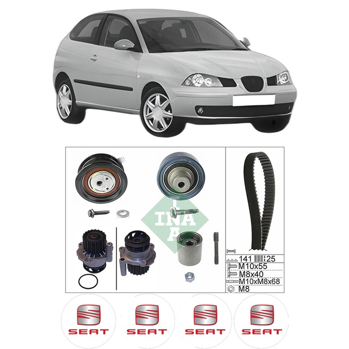 Set Kit de distributie curea intinzator pompa de apa SEAT IBIZA III (6L1) 1.9 SDI din 2002-2005, KW 47 CP 64 CMC 1896, Auto, INA, 4x Stickere auto cu SEAT