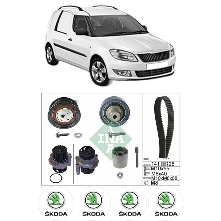 Set Kit de distributie curea intinzator pompa de apa SKODA FABIA I Praktik (6Y5) 1.9 SDI din 2001-2007, KW 47 CP 64 CMC 1896, Auto, INA, 4x Stickere auto cu SKODA