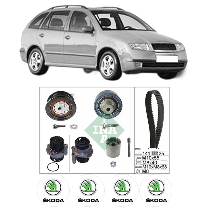 Set Kit de distributie curea intinzator pompa de apa SKODA FABIA I Combi (6Y5) 1.9 SDI din 2000-2007, KW 47 CP 64 CMC 1896, Auto, INA, 4x Stickere auto cu SKODA