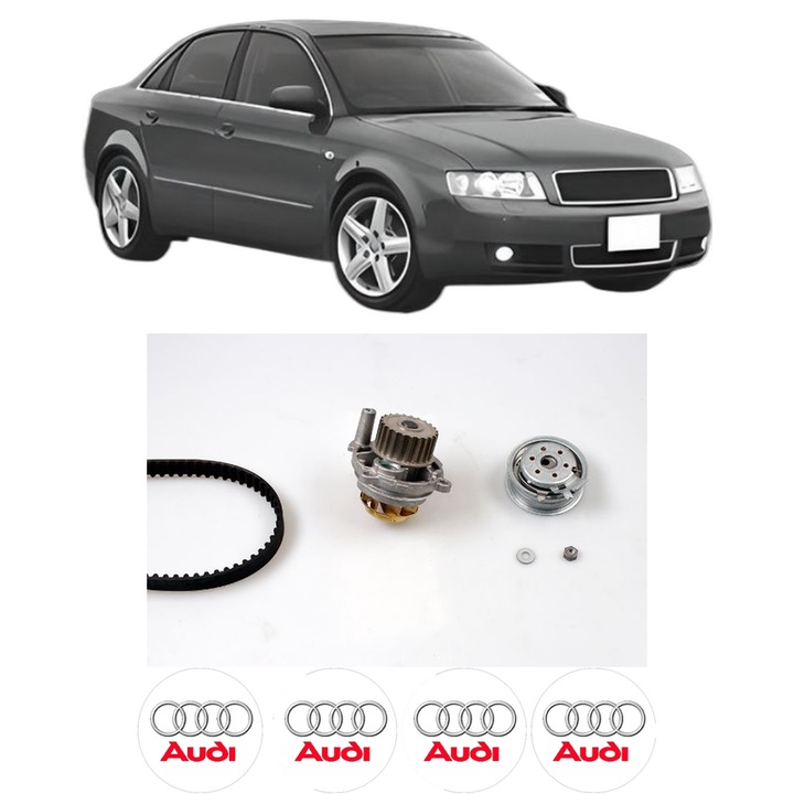 Set Kit de distributie curea intinzator pompa de apa AUDI A4 B6 (8E2) 2.0 FSI din 2002-2004, KW 110 CP 150 CMC 1984, Auto, HEPU, 4x Stickere auto cu AUDI