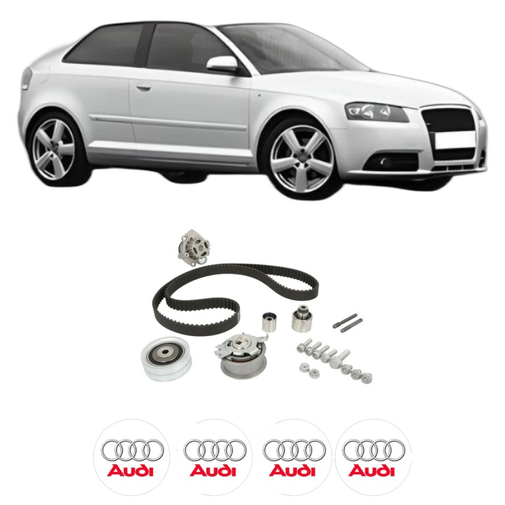 Set Kit de distributie curea intinzator pompa de apa AUDI A3 (8P1) 2.0 TDI 16V din 2003-2012, KW 103 CP 140 CMC 1968, Auto, HEPU, 4x Stickere auto cu AUDI
