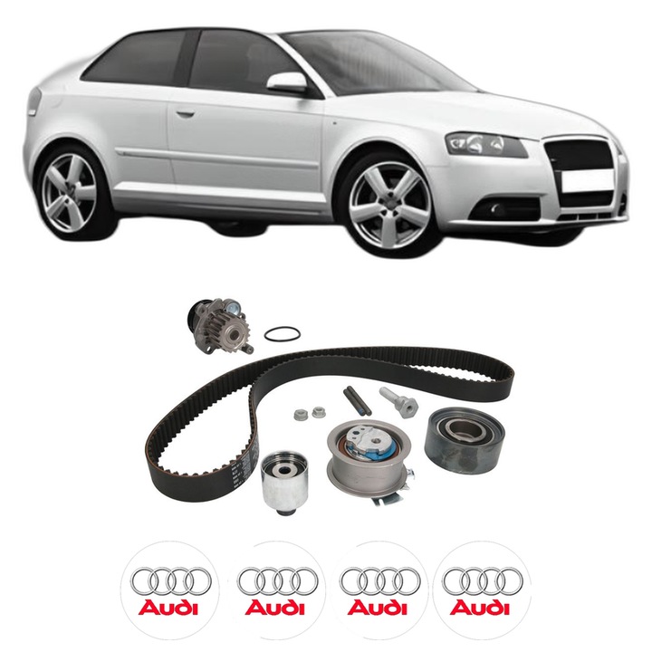 Set Kit de distributie curea intinzator pompa de apa AUDI A3 (8P1) 2.0 TDI 16V din 2003-2012, KW 103 CP 140 CMC 1968, Auto, INA, 4x Stickere auto cu AUDI