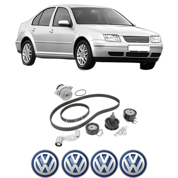 Set Kit de distributie curea intinzator pompa de apa Volkswagen BORA I (1J2) 1.6 16V din 2000-2005, KW 77 CP 105 CMC 1598, Auto, INA, 4x Stickere auto cu Volkswagen