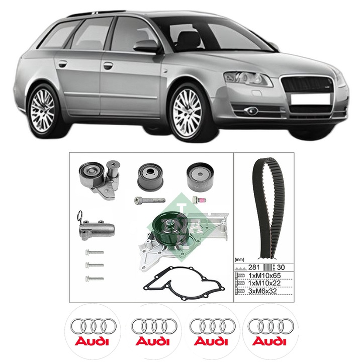 Set Kit de distributie curea intinzator pompa de apa AUDI A4 B7 Avant (8ED) 3.0 quattro din 2004-2006, KW 160 CP 218 CMC 2976, Auto, INA, 4x Stickere auto cu AUDI