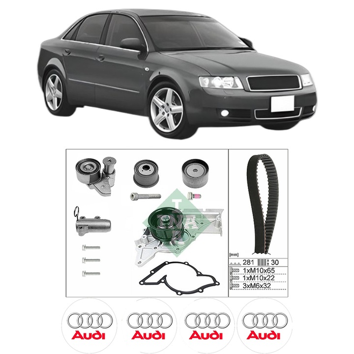 Set Kit de distributie curea intinzator pompa de apa AUDI A4 B6 (8E2) 3.0 din 2001-2004, KW 160 CP 218 CMC 2976, Auto, INA, 4x Stickere auto cu AUDI