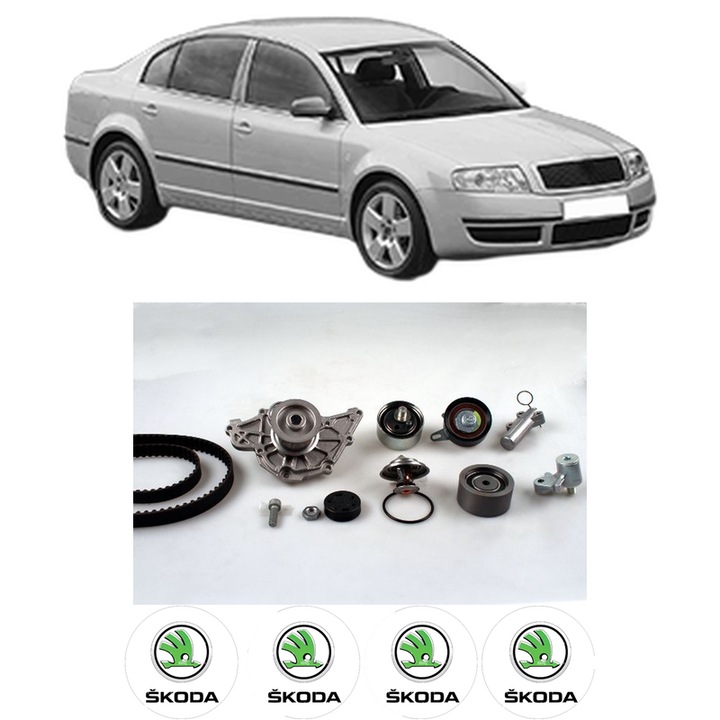 Set Kit de distributie curea intinzator pompa de apa SKODA SUPERB I (3U4) 2.5 TDI din 2003-2008, KW 120 CP 163 CMC 2496, Auto, HEPU, 4x Stickere auto cu SKODA