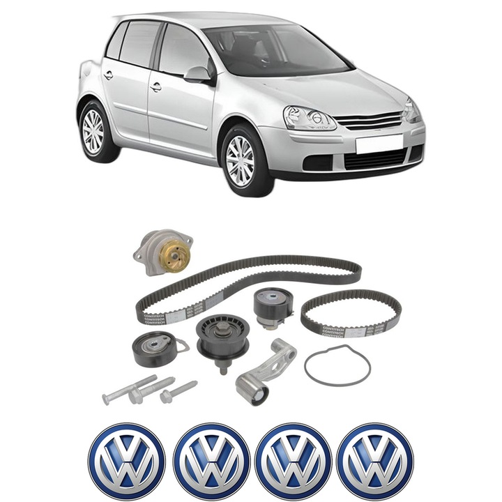 Set Kit de distributie curea intinzator pompa de apa Volkswagen GOLF V (1K1) 1.4 16V din 2003-2006, KW 55 CP 75 CMC 1390, Auto, HEPU, 4x Stickere auto cu Volkswagen