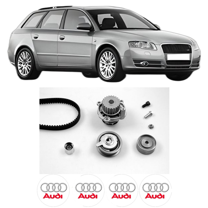 Set Kit de distributie curea intinzator pompa de apa AUDI A4 B7 Avant (8ED) 2.0 TFSI din 2004-2008, KW 147 CP 200 CMC 1984, Auto, HEPU, 4x Stickere auto cu AUDI