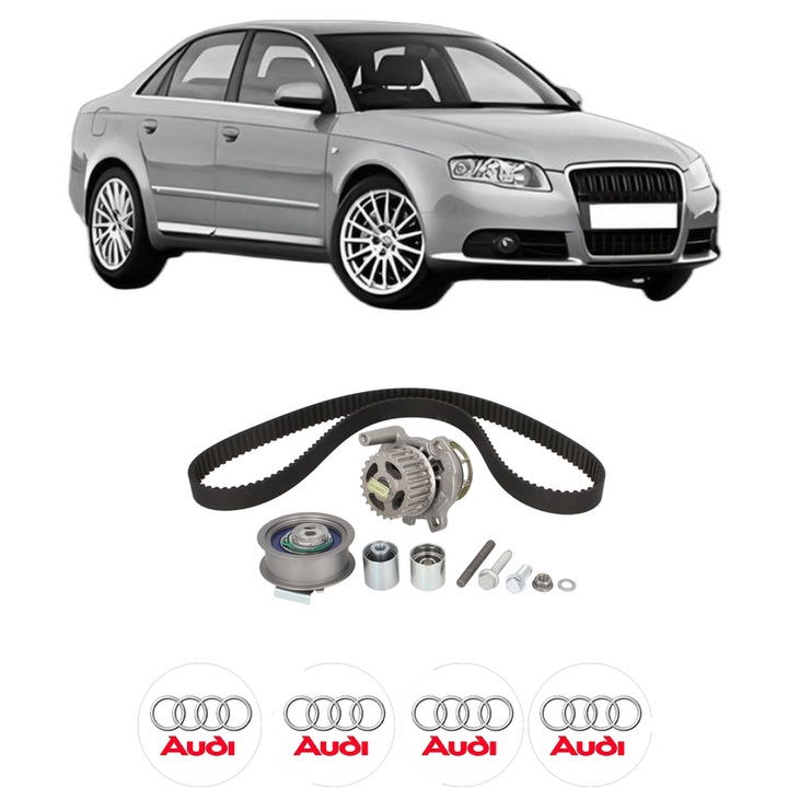 Set Kit de distributie curea intinzator pompa de apa AUDI A4 B7 (8EC) 2.0 TFSI quattro din 2004-2008, KW 147 CP 200 CMC 1984, Auto, HEPU, 4x Stickere auto cu AUDI