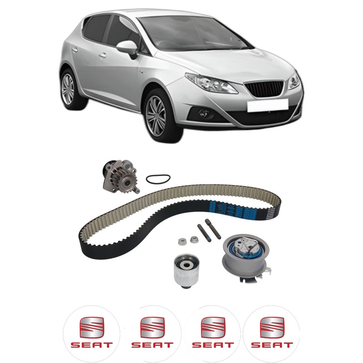 Set Kit de distributie curea intinzator pompa de apa SEAT IBIZA IV (6J5, 6P1) 1.9 TDI din 2008-2010, KW 77 CP 105 CMC 1896, Auto, INA, 4x Stickere auto cu SEAT