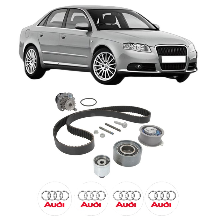 Set Kit de distributie curea intinzator pompa de apa AUDI A4 B7 (8EC) 2.0 TDI din 2005-2006, KW 89 CP 121 CMC 1968, Auto, INA, 4x Stickere auto cu AUDI