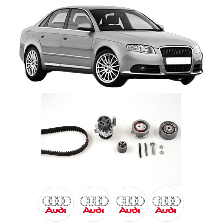 Set Kit de distributie curea intinzator pompa de apa AUDI A4 B7 (8EC) 2.0 TDI din 2006-2008, KW 120 CP 163 CMC 1968, Auto, HEPU, 4x Stickere auto cu AUDI