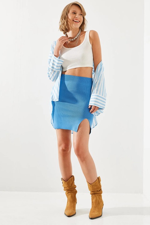 Fusta mini, HiCCUP, talie inalta, crapatura, albastra, textil, S-M INTL