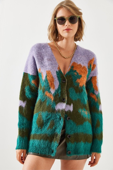 Hosszú HiCCUP jacquard kardigán, vastag, azúrkék, kötött, S-M INTL