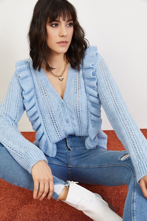 Női kardigán, HiCCUP, jacquard, hosszú ujjú, kék, kötött, S-M INTL