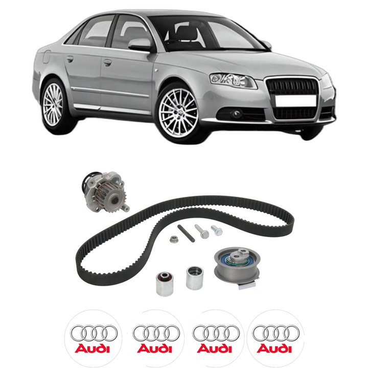 Set Kit de distributie curea intinzator pompa de apa AUDI A4 B7 (8EC) 2.0 TFSI quattro din 2004-2008, KW 147 CP 200 CMC 1984, Auto, INA, 4x Stickere auto cu AUDI