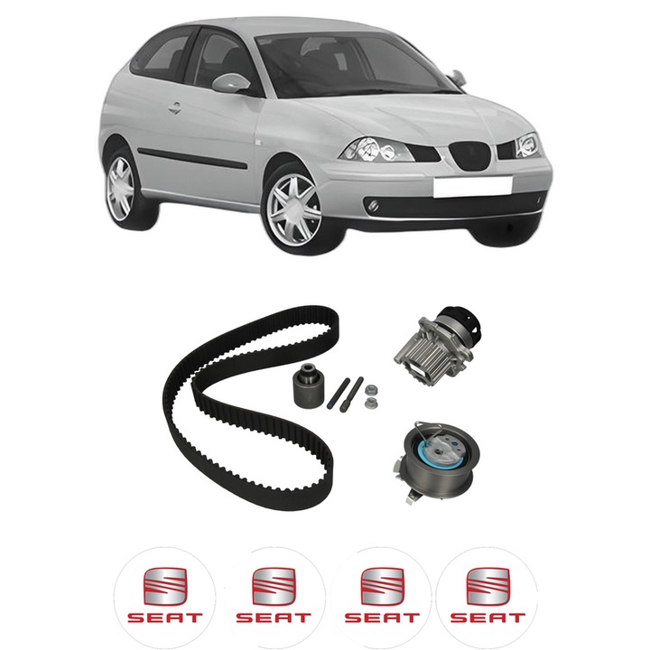 Set Kit de distributie curea intinzator pompa de apa SEAT IBIZA III (6L1) 1.9 TDI Cupra R din 2004-2008, KW 118 CP 160 CMC 1896, Auto, HEPU, 4x Stickere auto cu SEAT