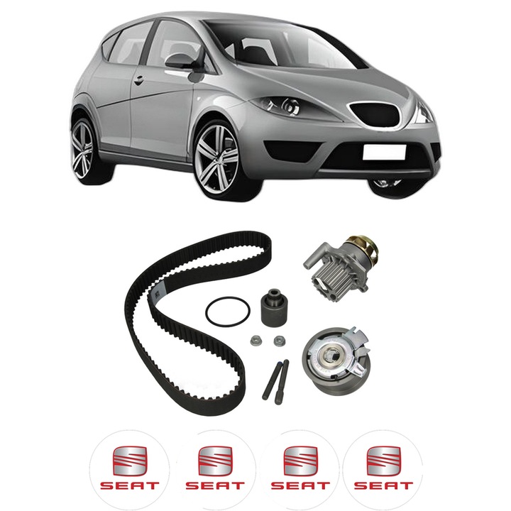 Set Kit de distributie curea intinzator pompa de apa SEAT ALTEA (5P1) 1.9 TDI din 2004-2010, KW 77 CP 105 CMC 1896, Auto, HEPU, 4x Stickere auto cu SEAT