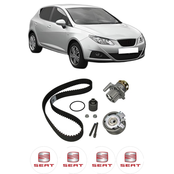 Set Kit de distributie curea intinzator pompa de apa SEAT IBIZA IV (6J5, 6P1) 1.9 TDI din 2008-2010, KW 77 CP 105 CMC 1896, Auto, HEPU, 4x Stickere auto cu SEAT