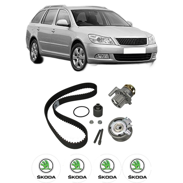 Set Kit de distributie curea intinzator pompa de apa SKODA OCTAVIA II Combi (1Z5) 1.9 TDI din 2004-2010, KW 77 CP 105 CMC 1896, Auto, HEPU, 4x Stickere auto cu SKODA