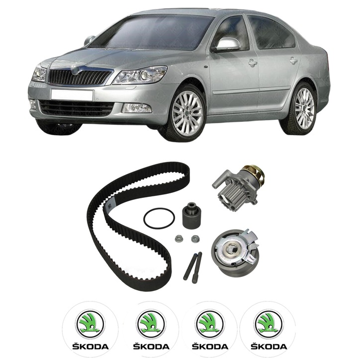 Set Kit de distributie curea intinzator pompa de apa SKODA OCTAVIA II (1Z3) 1.9 TDI din 2004-2010, KW 77 CP 105 CMC 1896, Auto, HEPU, 4x Stickere auto cu SKODA