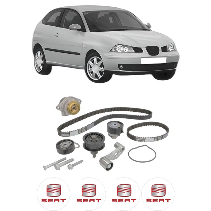 Set Kit de distributie curea intinzator pompa de apa SEAT IBIZA III (6L1) 1.4 16V din 2002-2007, KW 55 CP 75 CMC 1390, Auto, HEPU, 4x Stickere auto cu SEAT