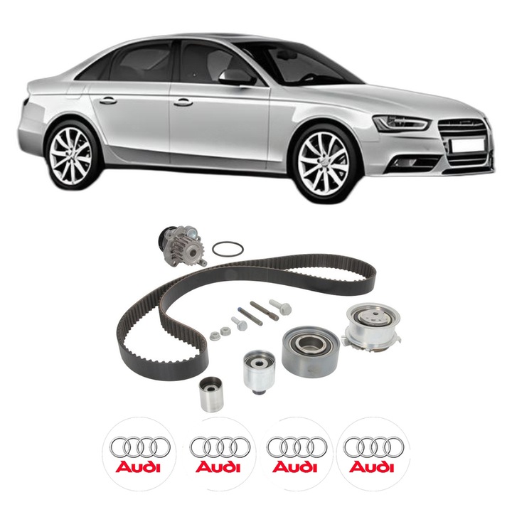 Set Kit de distributie curea intinzator pompa de apa AUDI A4 B8 (8K2) 2.0 TDI quattro din 2008-2012, KW 125 CP 170 CMC 1968, Auto, INA, 4x Stickere auto cu AUDI