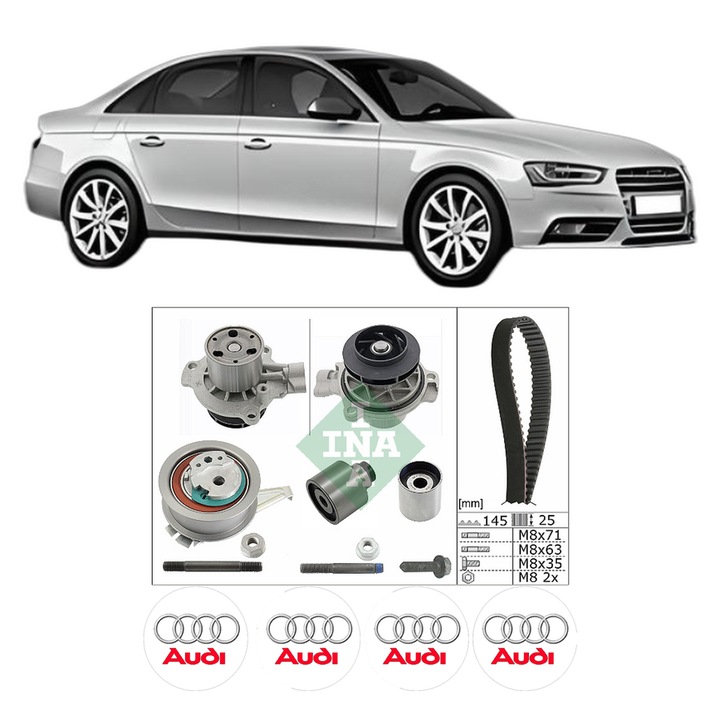 Set Kit de distributie curea intinzator pompa de apa AUDI A4 B8 (8K2) 2.0 TDI din 2007-2015, KW 100 CP 136 CMC 1968, Auto, INA, 4x Stickere auto cu AUDI