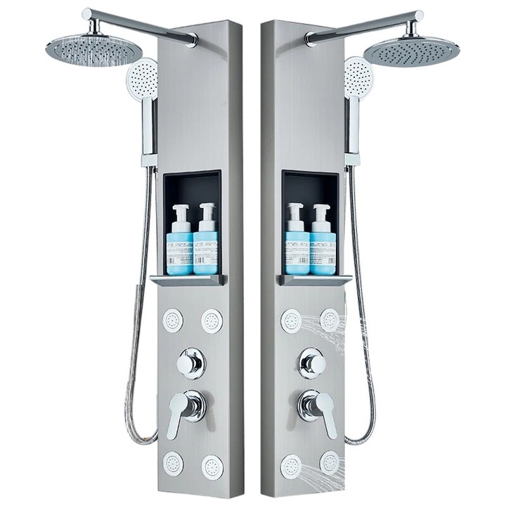 Coloana de Dus BisDesign, Spa cu Raft Depozitare, Efect Ploaie, Crom Metalizat, 111cm