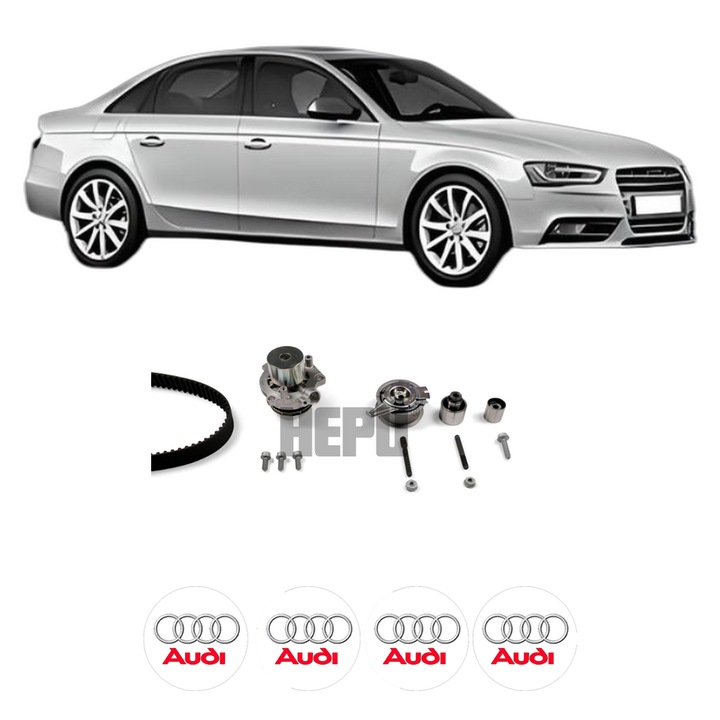 Set Kit de distributie curea intinzator pompa de apa AUDI A4 B8 (8K2) 2.0 TDI din 2008-2015, KW 120 CP 163 CMC 1968, Auto, HEPU, 4x Stickere auto cu AUDI
