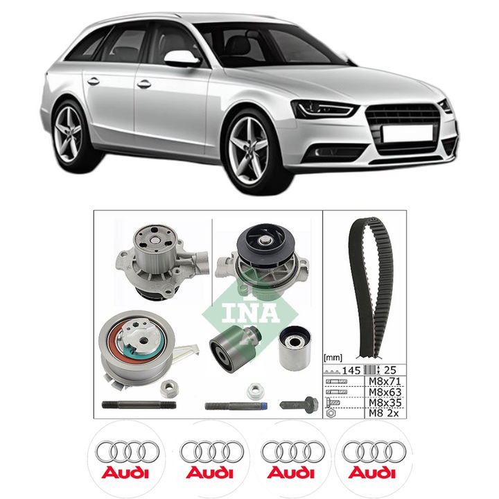Set Kit de distributie curea intinzator pompa de apa AUDI A4 B8 Avant (8K5) 2.0 TDI quattro2013-2015, KW 110 CP 150 CMC 1968, Auto, INA, 4x Stickere auto cu AUDI