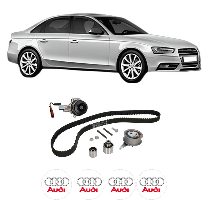 Set Kit de distributie curea intinzator pompa de apa AUDI A4 B8 (8K2) 2.0 TDI din 2008-2015, KW 120 CP 163 CMC 1968, Auto, INA, 4x Stickere auto cu AUDI