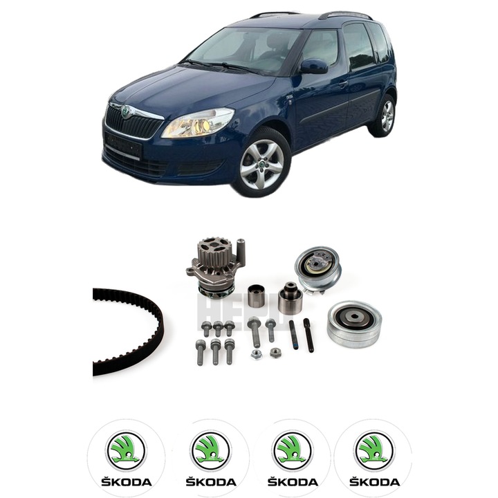 Set Kit de distributie curea intinzator pompa de apa SKODA ROOMSTER (5J7) 1.2 TDI2010-2015, KW 55 CP 75 CMC 1199, Auto, HEPU, 4x Stickere auto cu SKODA