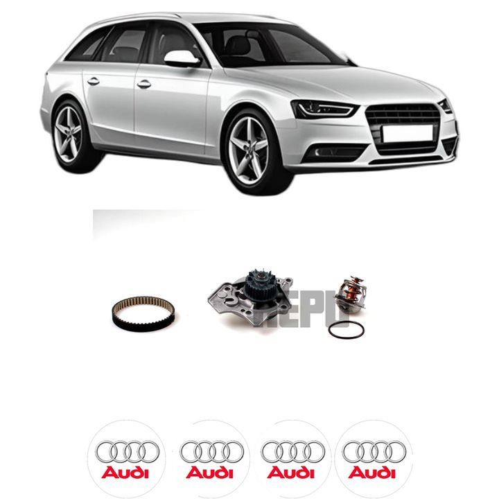 Set Kit de distributie curea pompa de apa cu termostat AUDI A4 B8 Avant (8K5) 1.8 TFSI din 2008-2015, KW 88 CP 120 CMC 1798, Auto, HEPU, 4x Stickere auto cu AUDI
