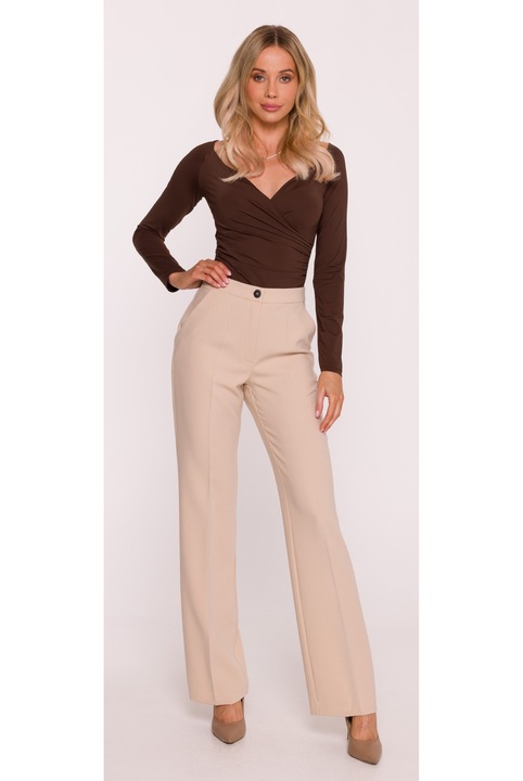 Öltönynadrág, S418 Bézs Oldalzsebek, Gombos és rejtett cipzáras záródás, Sima anyag puha felülettel, Klasszikus stílus, Hosszú, egyenes szár, Bézs