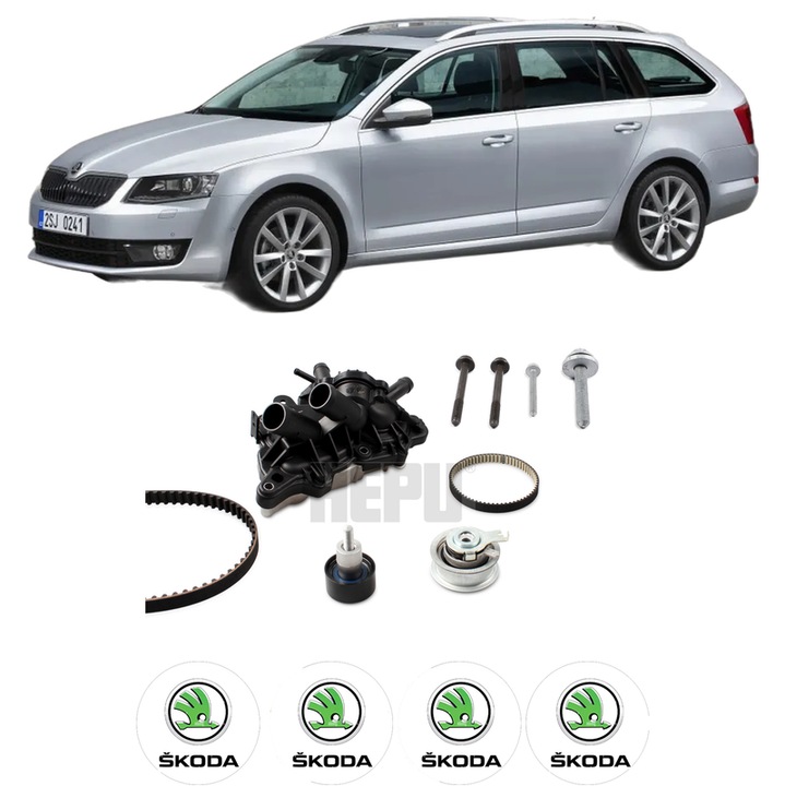 Set Kit de distributie curea intinzator pompa de apa SKODA OCTAVIA III Combi (5E5, 5E6) 1.2 TSI2012-2017, KW 63 CP 86 CMC 1197, Auto, HEPU, 4x Stickere auto cu SKODA