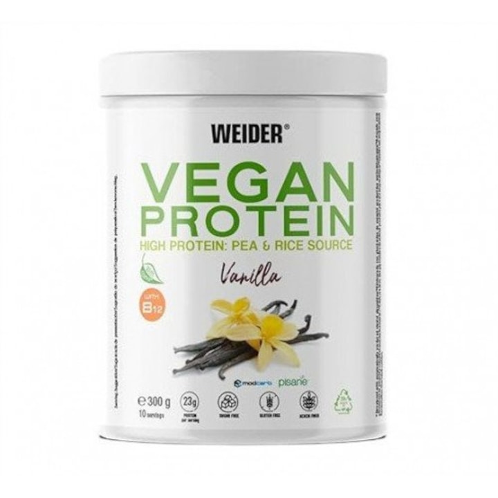 Proteine Vegane Weider 300g Vanilie, izolat de proteine din mazare si orez, fara lactoza, fara gluten Provitax