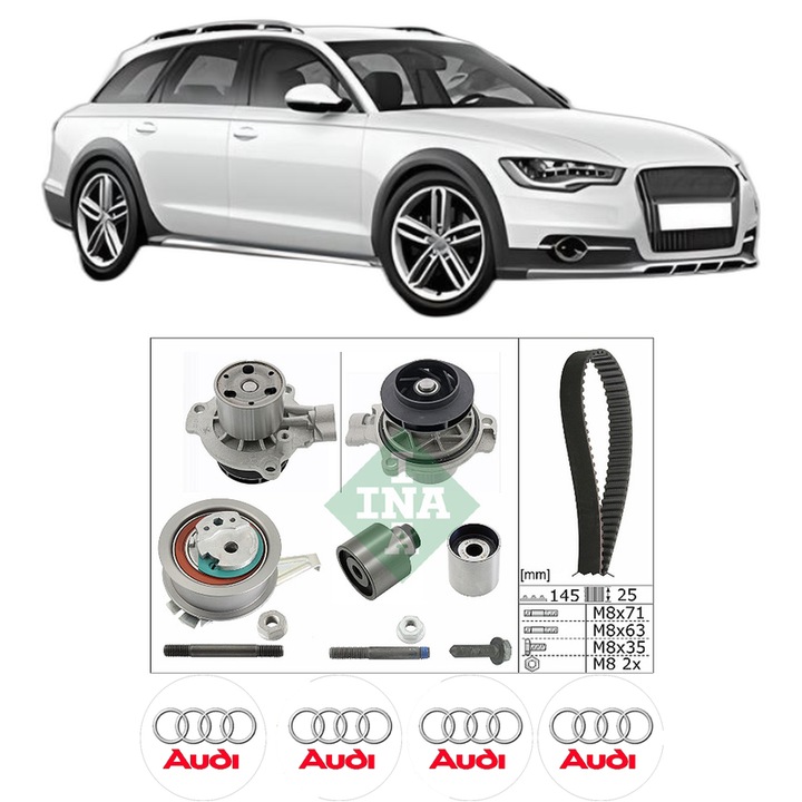 Set Kit de distributie curea intinzator pompa de apa AUDI A4 Allroad B8 (8KH) 2.0 TDI quattro2013-2016, KW 140 CP 190 CMC 1968, Auto, INA, 4x Stickere auto cu AUDI