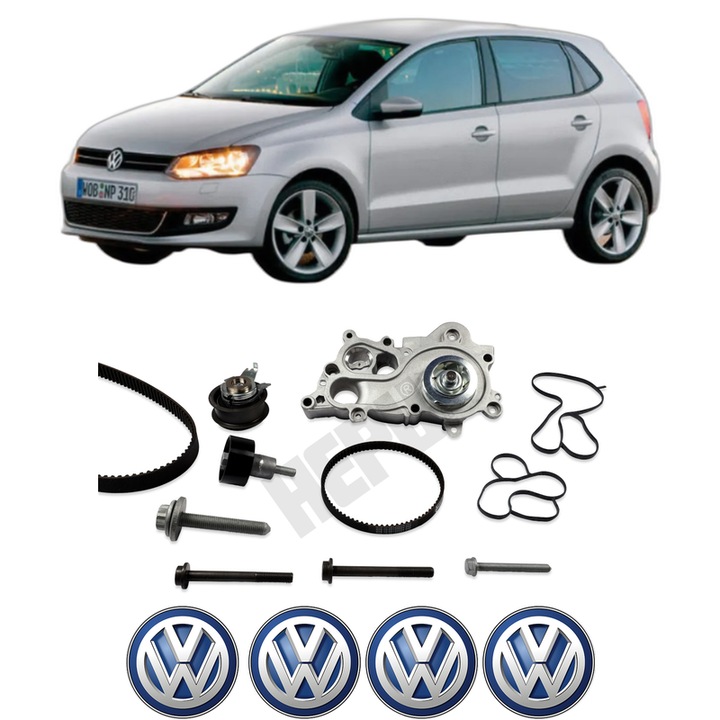 Set Kit de distributie curea intinzator pompa de apa Volkswagen POLO Van V (6R1, 6C1) 1.2 TSI2014-2017, KW 66 CP 90 CMC 1197, Auto, HEPU, 4x Stickere auto cu Volkswagen