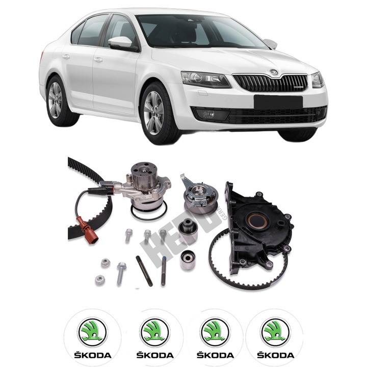 Set Kit de distributie curea intinzator pompa de apa SKODA OCTAVIA III (5E3, NL3, NR3) 2.0 TDI RS2013-2020, KW 135 CP 184 CMC 1968, Auto, HEPU, 4x Stickere auto cu SKODA