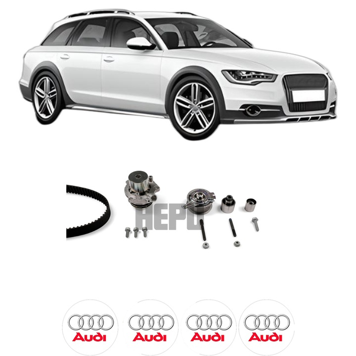 Set Kit de distributie curea intinzator pompa de apa AUDI A4 Allroad B8 (8KH) 2.0 TDI quattro din 2009-2016, KW 100 CP 136 CMC 1968, Auto, HEPU, 4x Stickere auto cu AUDI