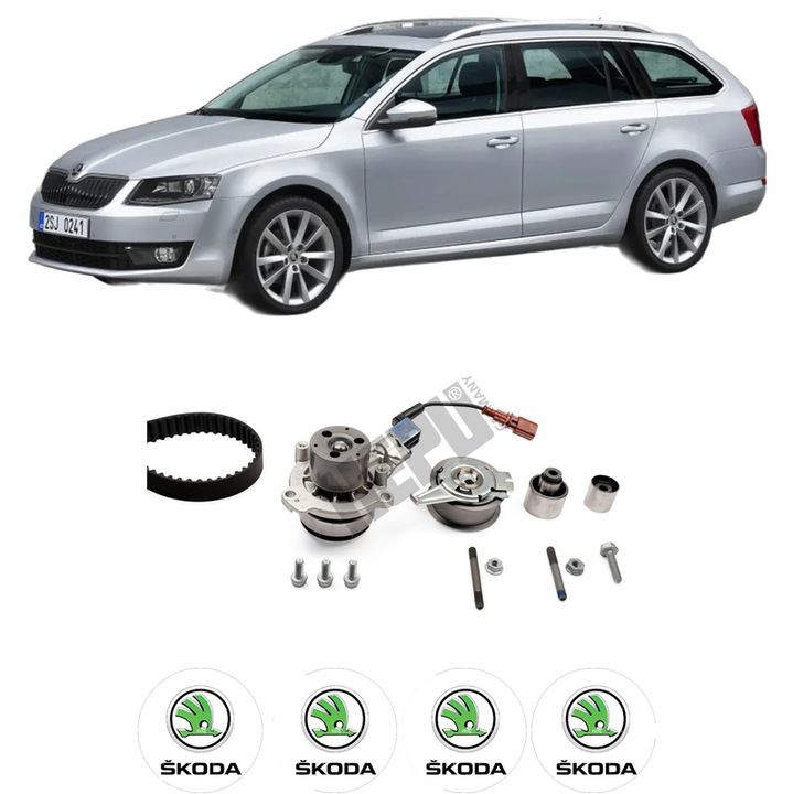 Set Kit de distributie curea intinzator pompa de apa SKODA OCTAVIA III Combi (5E5, 5E6) 2.0 TDI / TDI RS 4x42013-2020, KW 135 CP 184 CMC 1968, Auto, HEPU, 4x Stickere auto cu SKODA